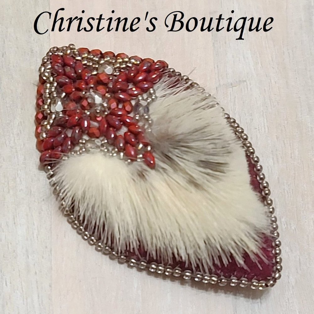 Handmade Mink Fur Glass Bead Embroidery PIn